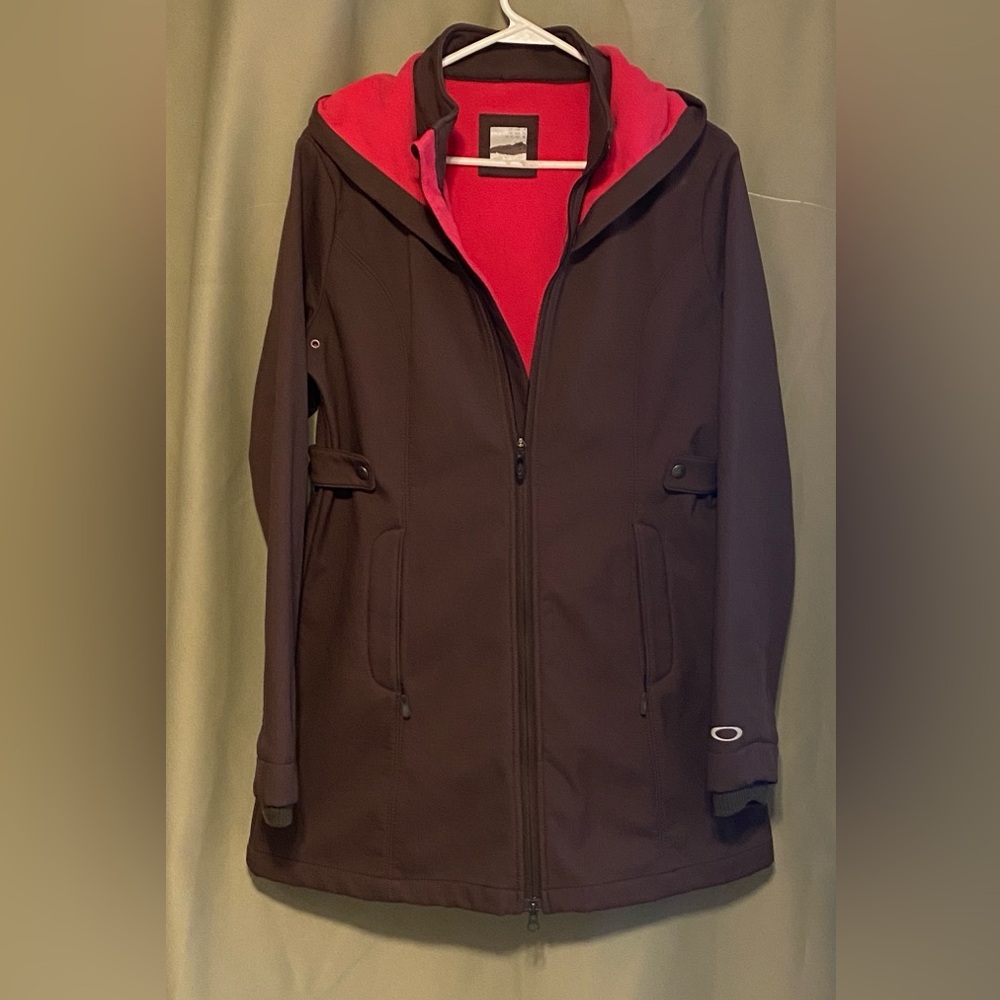 Oakley Women Trench Coat Jacket Brown Pink Lined Mid Length W/Hood Full Zip L